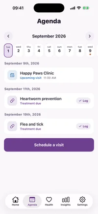 FichaPet month agenda with care days marked and the selected day's visits and doses