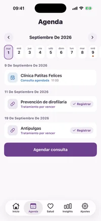 Agenda mensual de FichaPet con días de cuidado marcados y las consultas y dosis del día seleccionado