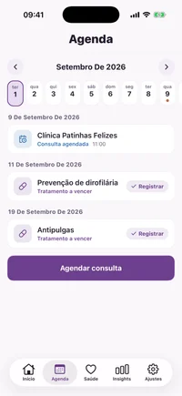 Agenda mensal do FichaPet com dias de cuidado marcados e as consultas e doses do dia selecionado