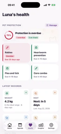 FichaPet Health tab with the protection ring, the vaccine and treatment cards and the latest records