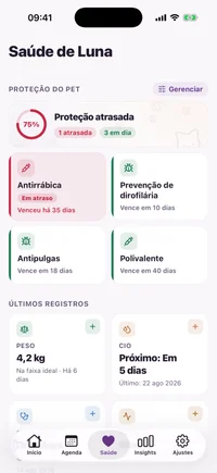 Aba Saúde do FichaPet com o anel de proteção, os cartões de vacinas e tratamentos e os últimos registros